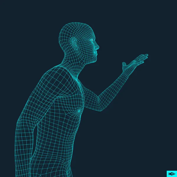 El hombre señala algo a mano. Modelo 3D del Hombre. Diseño geométrico. Ilustración vectorial . — Vector de stock