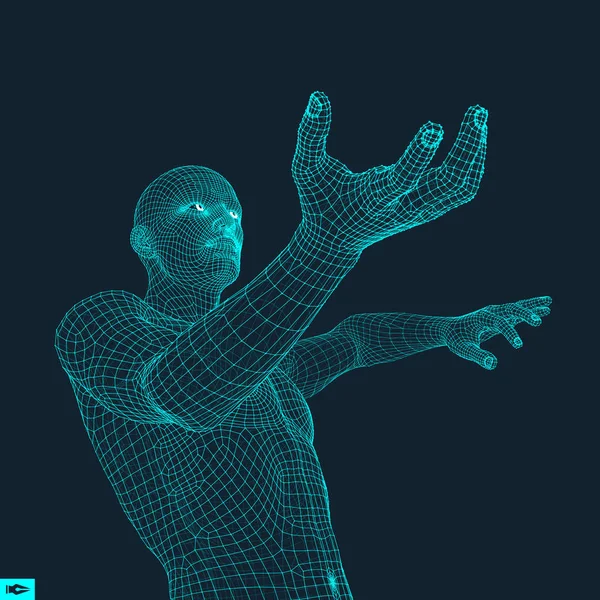 Modelo 3D del Hombre. Modelo de alambre de cuerpo humano. Elemento de diseño. Tecnología Vector Ilustración . — Vector de stock