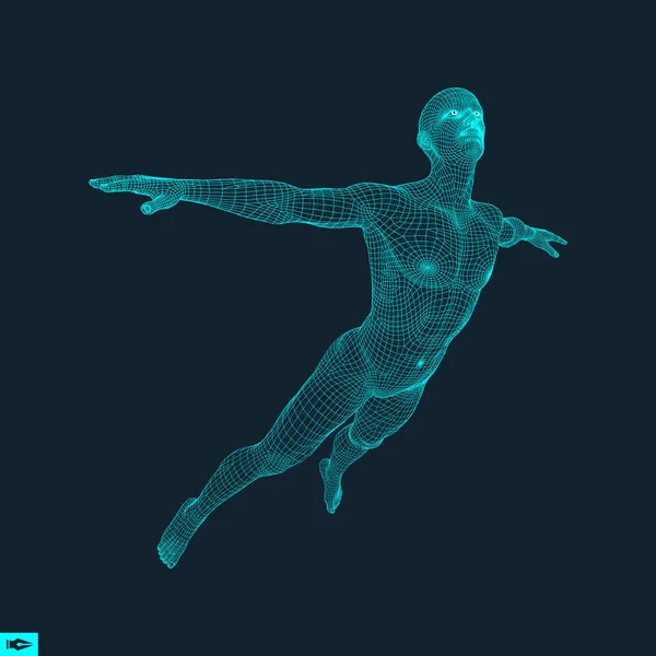 ジャンプ男のシルエット マン幾何学的なデザインの 3 d モデル。皮膚が多角形のカバー。人間の体のワイヤー モデル。ベクトル図. — ストックベクタ