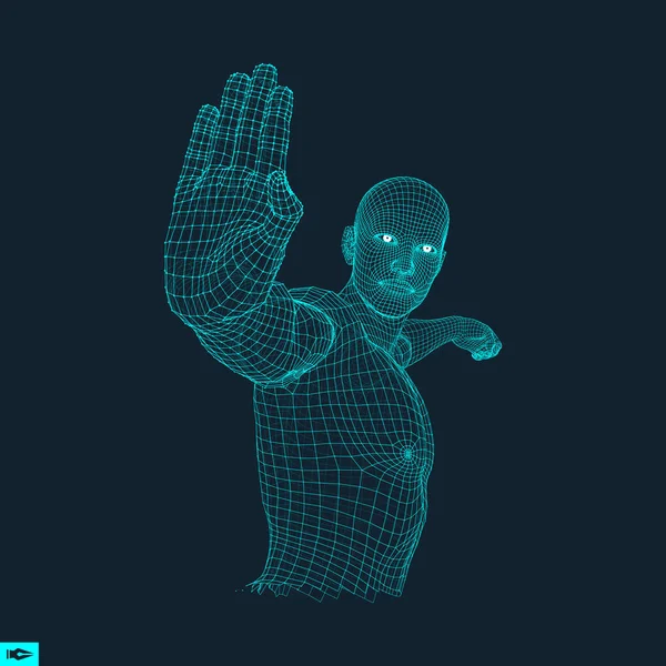 Vector man with hand up to stop. Human showing stop gesture. 3D model of man. 3D vector illustration. — Stock Vector