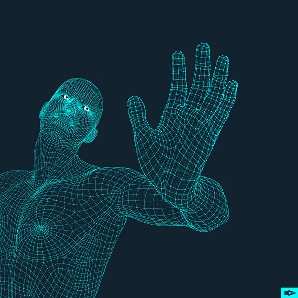 Vector hombre con la mano arriba para parar. Humano mostrando un gesto de alto. Modelo 3D del hombre. Ilustración vectorial 3D . — Vector de stock