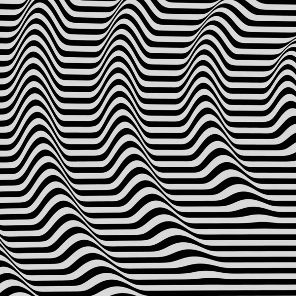 3d welliger Hintergrund. Dynamische Wirkung. Schwarz-Weiß-Design. Muster mit optischer Täuschung. Vektorillustration. — Stockvektor