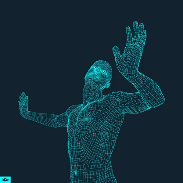 Modelo 3D del Hombre. Modelo de alambre de cuerpo humano. Elemento de diseño. Tecnología Vector Ilustración . — Vector de stock