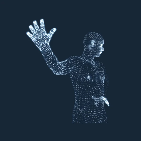 Vektor man med handen upp för att stoppa. Mänskliga visar stopp gest. 3D-modell av människan. 3D vektorillustration. — Stock vektor