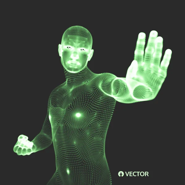 Vektorové muž s rukou až do zastavení. Lidské zobrazeno stop gesto. 3D model člověka. 3D vektorové ilustrace. — Stockový vektor