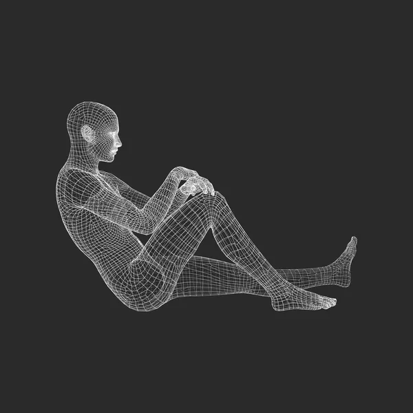 Un hombre en una postura de pensador. Modelo 3D del Hombre. Diseño geométrico. Modelo de alambre de cuerpo humano. Negocios, Ciencia, Psicología o Filosofía Vector Illustration . — Vector de stock