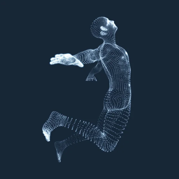 Atlama adam vektör grafikleri parçacıkların oluşur. adam insan vücudu modeli 3D modeli. Vücut tarama. İnsan vücudu görünümünü. — Stok Vektör