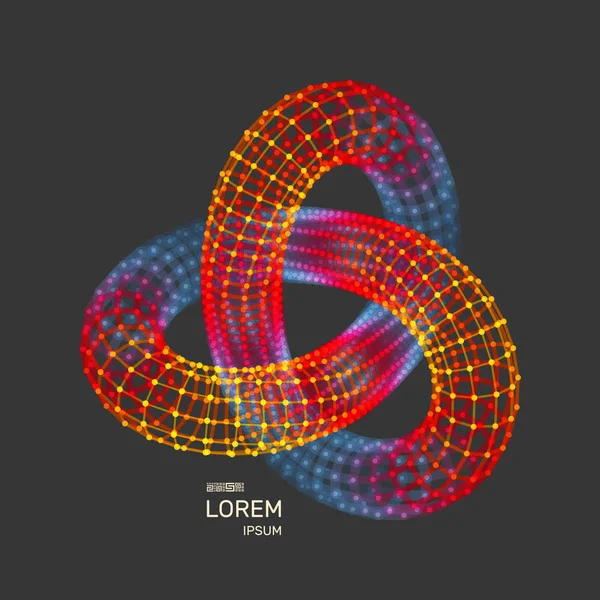 Klaverbladknoop. Object met aaneengesloten lijnen en punten. 3D ontwerp van het raster. Moleculaire structuur. Vectorillustratie. — Stockvector