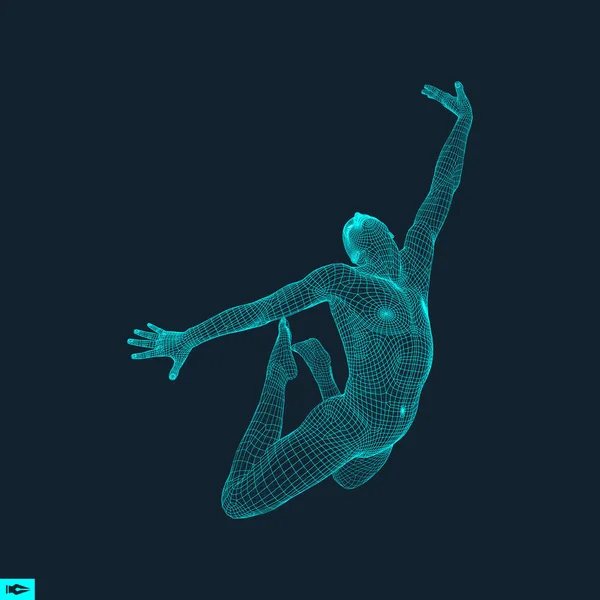El hombre está posando y bailando. Silueta de una bailarina. Una bailarina realiza elementos acrobáticos. Concepto deportivo. Modelo 3D del hombre . — Vector de stock