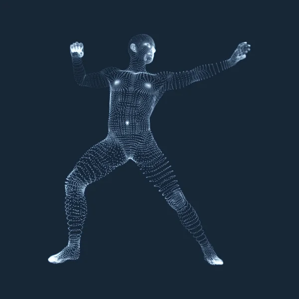 Hombre Combatiente. Modelo 3D del Hombre. Modelo de cuerpo humano. Escaneo corporal. Vista del cuerpo humano. Gráficos vectoriales compuestos de partículas . — Vector de stock