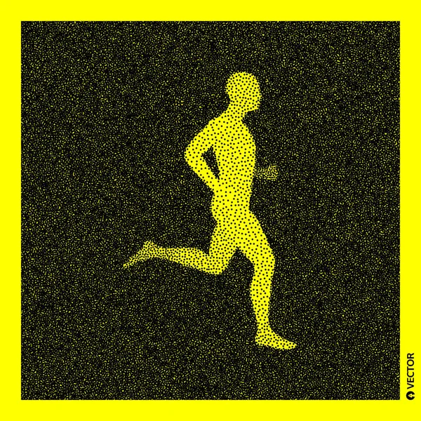 Běžící muž. 3D Model lidského těla. Černé a žluté zrnitý design. Tečkovaným vektorové ilustrace. — Stockový vektor