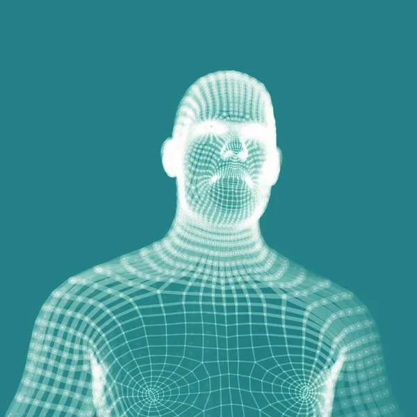 Lidský trup na modrém pozadí. Vedoucí osoby z 3D mřížky. Vektorová ilustrace. Lze použít pro avatara, vědu, techniku. — Stockový vektor