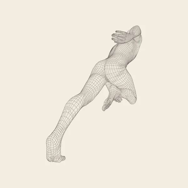 Hombre corriendo 3d. Modelo de alambre de cuerpo humano. Símbolo deportivo. Hombre bajo en polietileno en movimiento. Ilustración geométrica vectorial . — Vector de stock