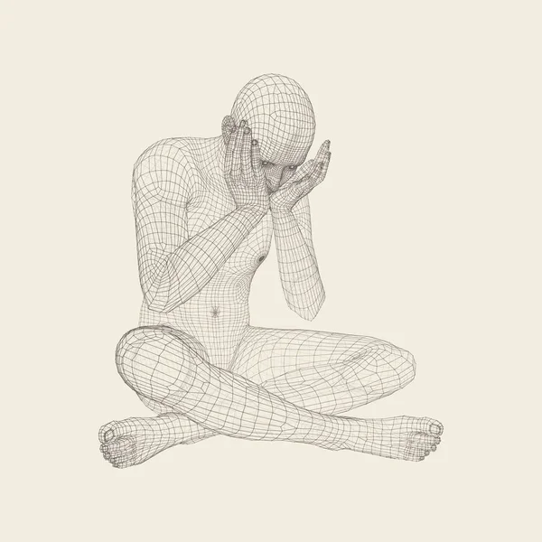 Misérable homme déprimé assis et pensant. Un homme dans une posture de penseur. Modèle 3D de l'homme. Illustration vectorielle . — Image vectorielle