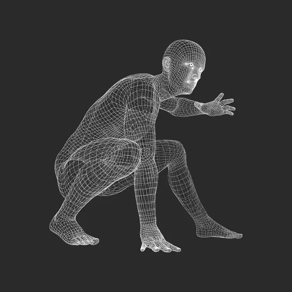 Atleta alla posizione di partenza Pronto a iniziare una gara. Runner pronto per l'esercizio sportivo. Modello di filo del corpo umano. Simbolo sportivo. Illustrazione vettoriale 3d . — Vettoriale Stock