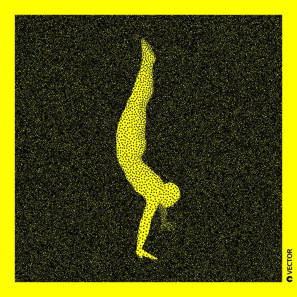 Gymnast. 3D modell av människokroppen. Svart och gul grynig design. Stippled vektorillustration. — Stock vektor