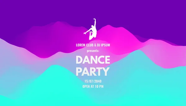 Dance party invitation with date and time details. Music event flyer or banner. 3D wavy background with dynamic effect. Vector illustration. — Stock Vector