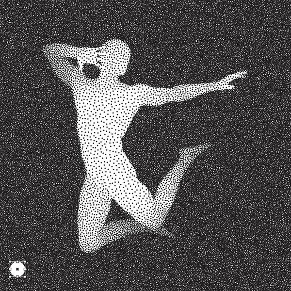 Danser. 3D-model van de mens. Zwart en wit, korrelig dotwork ontwerp. Gespikkelde vectorillustratie — Stockvector