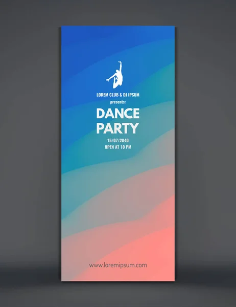 Dance party invitation with date and time details. Music event flyer, banner or stand. 3D wavy background with dynamic effect. Vertical vector illustration. — Stock Vector