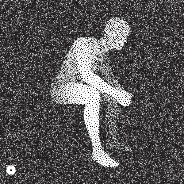 Homem sentado. Modelo 3D do Homem. Projeto de ponto granulado preto e branco. Ilustração vetorial pontilhada . — Vetor de Stock