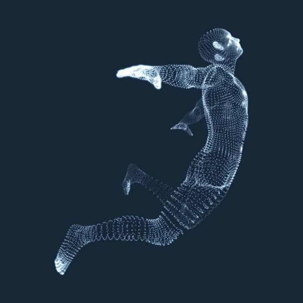 Salto dell'uomo. Grafica vettoriale costituita da particelle. Modello 3D dell'uomo. Modello del corpo umano. Scansione del corpo. Vista del corpo umano . — Vettoriale Stock