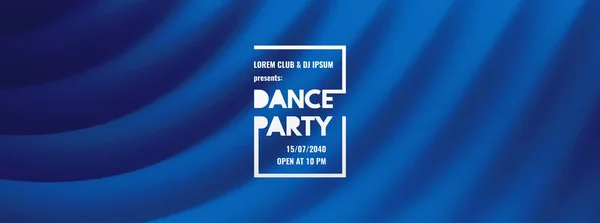 Uitnodiging voor Dance Party met datum-en tijd Details. Theater blauw gordijn. Muziekevenement flyer of banner. 3D golvende achtergrond met dynamisch effect. Vector illustratie. — Stockvector