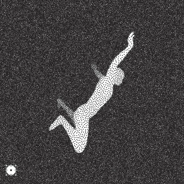 Man falls down from a height. 3D model of man. Black and white grainy dotwork design. Stippled vector illustration. — Stock Vector
