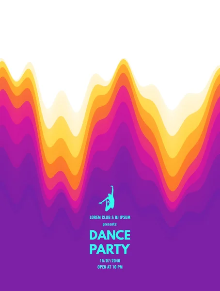 Dance party meghívó dátum és idő részletekkel. Zenés rendezvény szórólap vagy banner. 3D hullámos háttér dinamikus hatással. Vektoros illusztráció. — Stock Vector