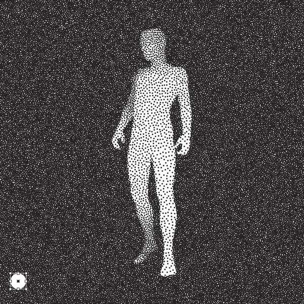Man staat op zijn voeten. 3D-model van de mens. Zwart en wit, korrelig dotwork ontwerp. Gespikkelde vectorillustratie. — Stockvector