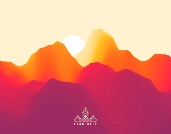 Landschaft mit Bergen und Sonne. Sonnenuntergang. Bergiges Gelände. Abstrakter Hintergrund. Vektorillustration. — Stockvektor