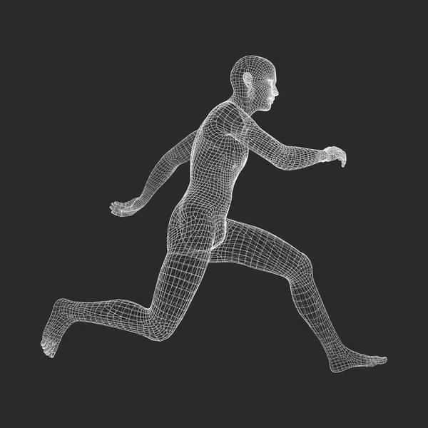 Hombre corriendo 3d. Modelo de alambre de cuerpo humano. Símbolo deportivo. Hombre bajo en polietileno en movimiento. Ilustración geométrica vectorial . — Vector de stock