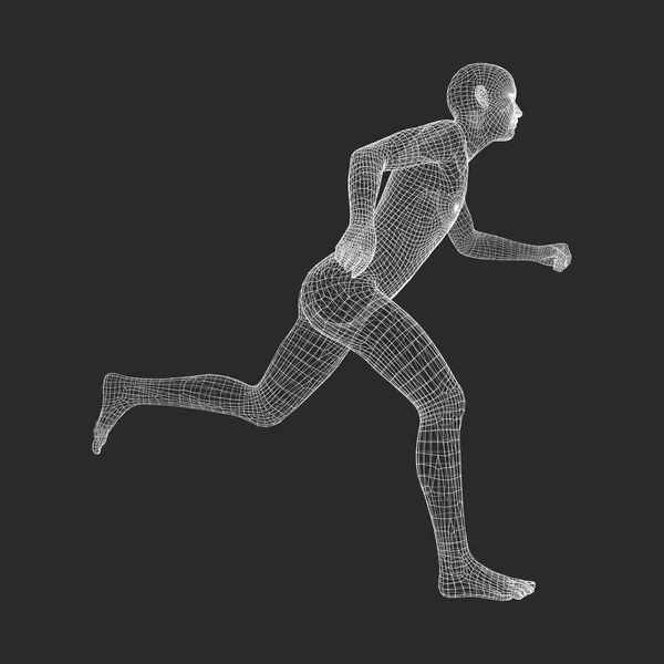 Hombre corriendo 3d. Modelo de alambre de cuerpo humano. Símbolo deportivo. Hombre bajo en polietileno en movimiento. Ilustración geométrica vectorial . — Archivo Imágenes Vectoriales