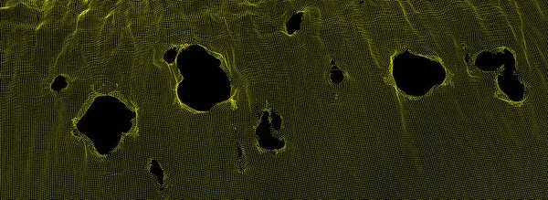 Ta pavučina je rozbitá. Abstraktní pozadí mřížky s otvorem. Pole s dynamickými částicemi. Textura. Povrch 3D sítě. Ilustrace vektoru technologie. — Stockový vektor