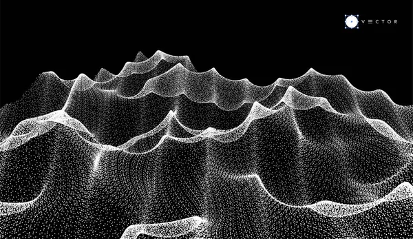 景观背景。地形。网络空间网格。3d 技术矢量图解与粒子. — 图库矢量图片