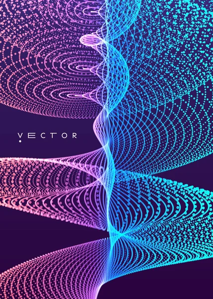 Spiral. Array med dynamiska partiklar. Abstrakt rutnätsdesign. 3D vektor illustration för vetenskap eller teknik. — Stock vektor