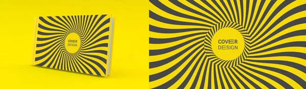 Kapak tasarım şablonu. Siyah ve sarı desenli optik illüzyon. Pankartlar, afişler, kitap kapakları, broşürler, planlamacılar veya defterler için başvurulabilir. 3d vektör illüstrasyonu. — Stok Vektör