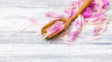 pembe şakayık yaprakları rustik bir arka plan üzerinde tahta kaşıkla. Alan, üstten görünüm kopyalayın. Çiçek kompozisyon.