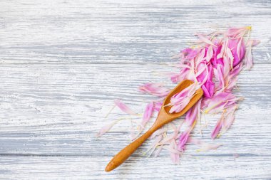 pembe şakayık yaprakları rustik bir arka plan üzerinde tahta kaşıkla. Alan, üstten görünüm kopyalayın. Çiçek kompozisyon.