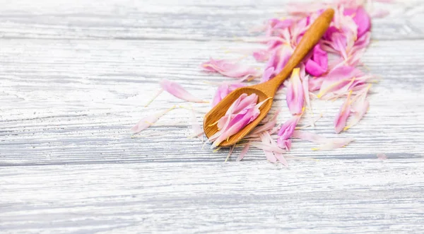 pembe şakayık yaprakları rustik bir arka plan üzerinde tahta kaşıkla. Alan, üstten görünüm kopyalayın. Çiçek kompozisyon.
