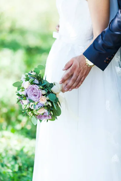 Wedding Concept Groom Tenderly Touches Bride Hand Close — Stock Photo, Image