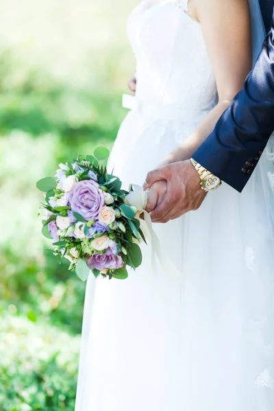 Wedding Concept Groom Tenderly Touches Bride Hand Close — Stock Photo, Image