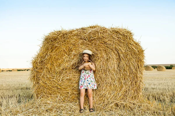 Sevimli kız mutlu bir şekilde yürürken buğday alanında sıcak ve güneşli yaz akşamı hasır şapka giyiyor. Sevimli küçük çocuk çavdar alanında günbatımı ile ekmek sepeti.