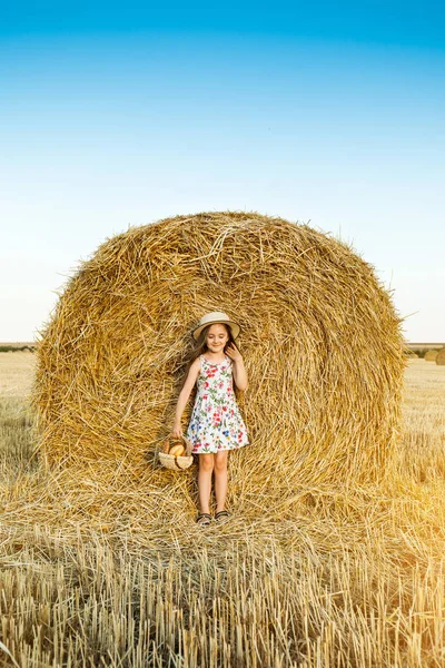 Entzückendes Mädchen Mit Strohhut Das Einem Warmen Und Sonnigen Sommerabend — Stockfoto