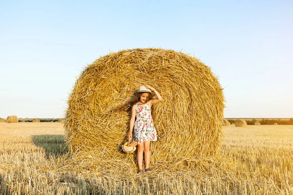 Menina Adorável Usando Chapéu Palha Andando Feliz Campo Trigo Noite — Fotografia de Stock