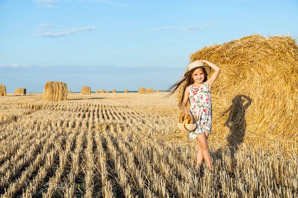 Sevimli kız mutlu bir şekilde yürürken buğday alanında sıcak ve güneşli yaz akşamı hasır şapka giyiyor. Sevimli küçük çocuk çavdar alanında günbatımı ile ekmek sepeti.