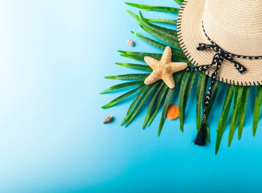 Seyahat Aksesuarları, tropikal palmiye yaprağı metin için boş alan ile mavi arka plan üzerinde dalları. Seyahat tatil kavramı. Yaz arka plan. Düz yatıyordu, en iyi görünümü.