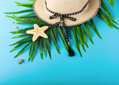 Seyahat Aksesuarları, tropikal palmiye yaprağı metin için boş alan ile mavi arka plan üzerinde dalları. Seyahat tatil kavramı. Yaz arka plan. Düz yatıyordu, en iyi görünümü.