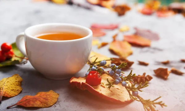 Dunkles Herbst Stillleben Mit Tee Oder Kaffeetasse Blätter Muster Beeren — Stockfoto