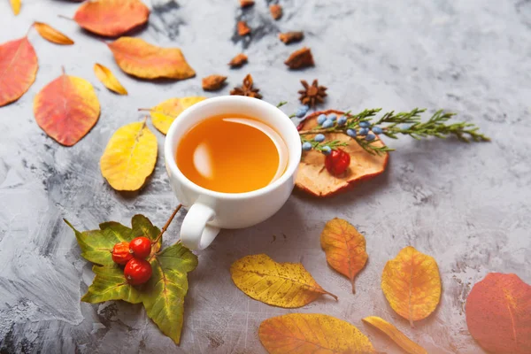 紅茶やコーヒーのカップを持つ暗い秋の静物のパターン果実アップル アニス星松の葉灰色の背景 — ストック写真