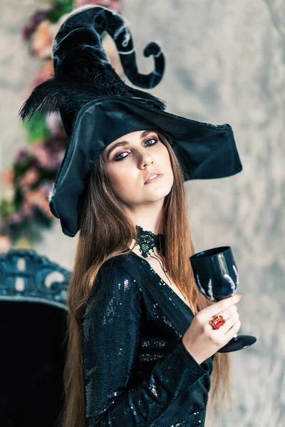 Dia Das Bruxas Retrato Lindo Jovem Glamour Bela Mulher Vampiro — Fotografia de Stock